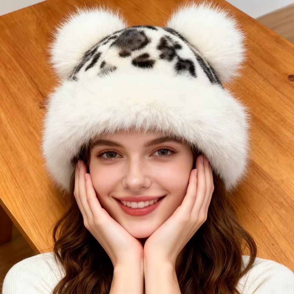 Leopard Print Faux Fur Hat with Pom Poms